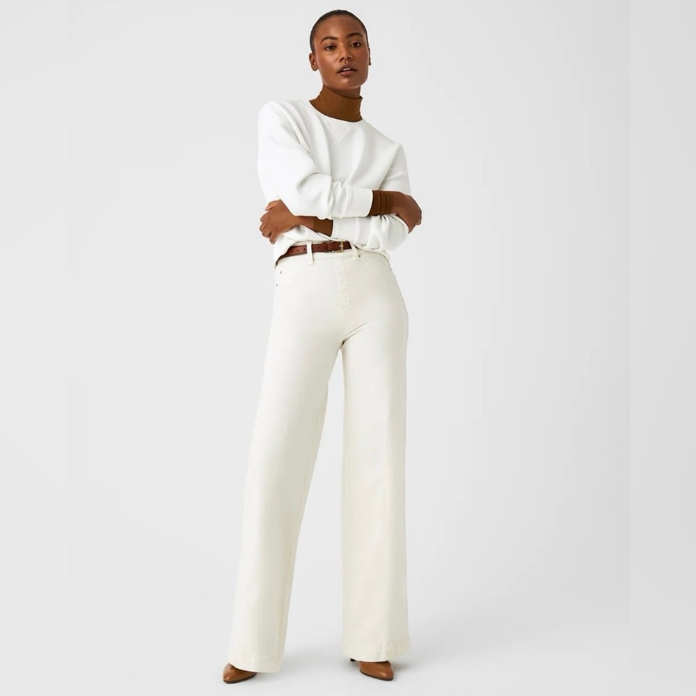 Spanx Seamed Front Wide Leg Jeans in Ecru